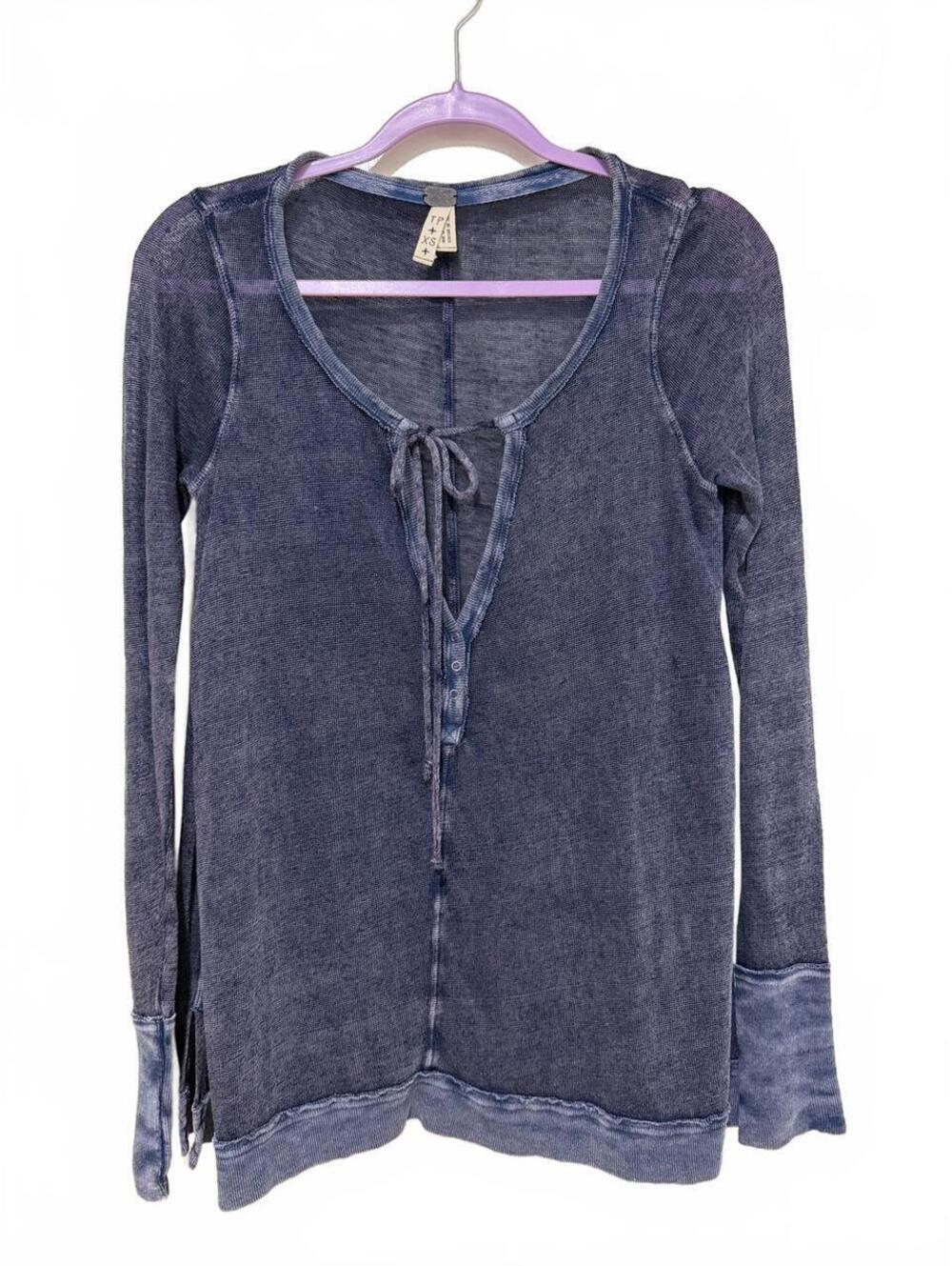 We The Free People Women’s XS Navy Sheer Henley Tie Front Long Sleeve Top Y2K